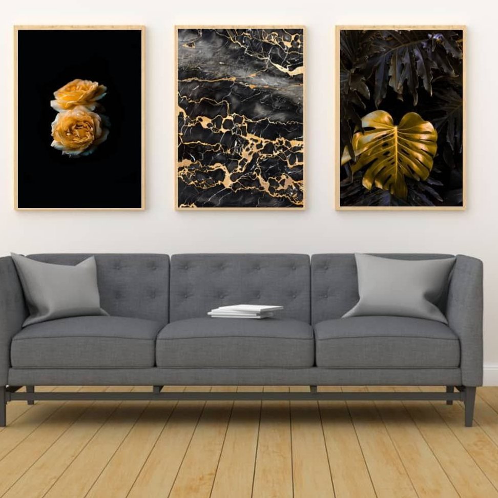 تابلو دکوراتیو 3تیکه گل انجیری طلایی زمینه مشکی