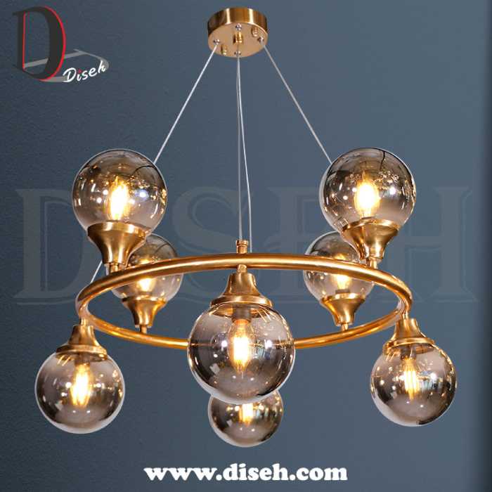 لوستر پذیرایی مدرن طلایی 8 شعله با حباب دودی برند دکوراتیو دیسه