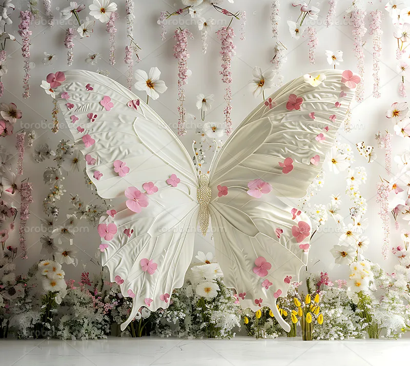 بک دراپ عکاسی پروانه سفید و گل | گرافیک با طعم تربچه