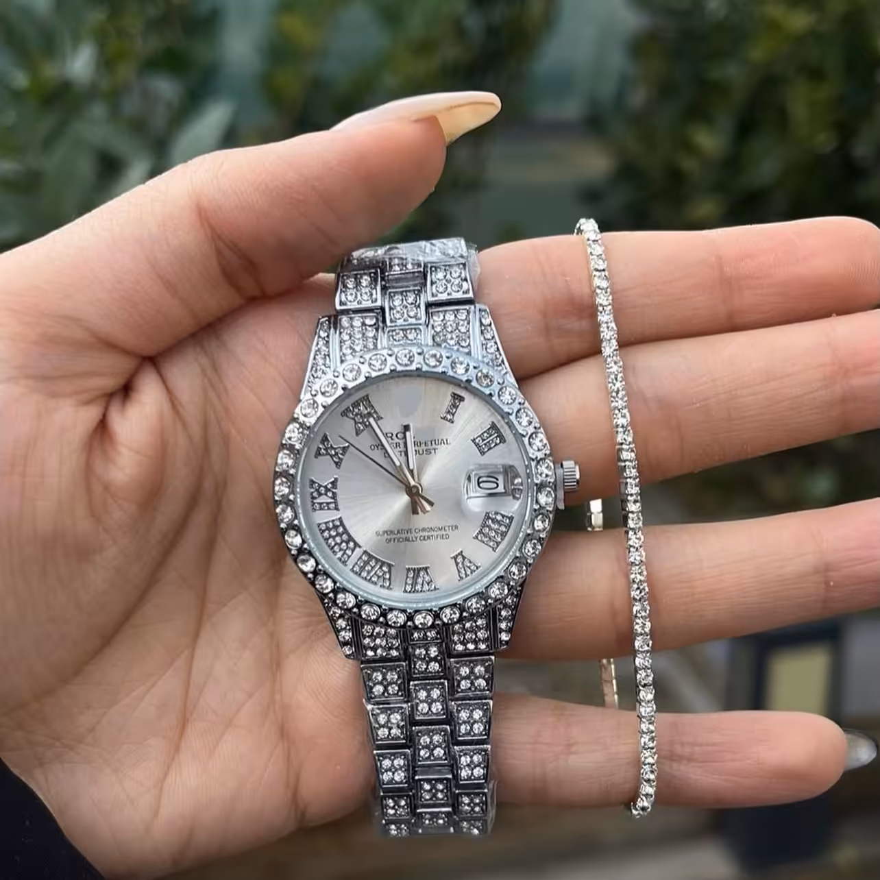 ست ساعت دستبند فول نگین بند فلزی صفحه نقره ای