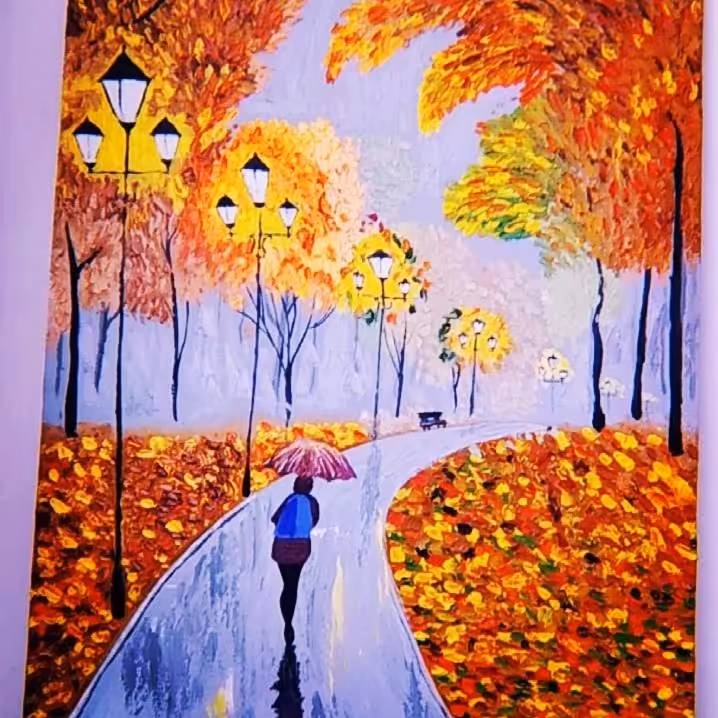 تابلو  رنگ روغن برجسته عصر پاییز  70 در 50 با ترکیب رنگ پاییزی و هوای مه الود