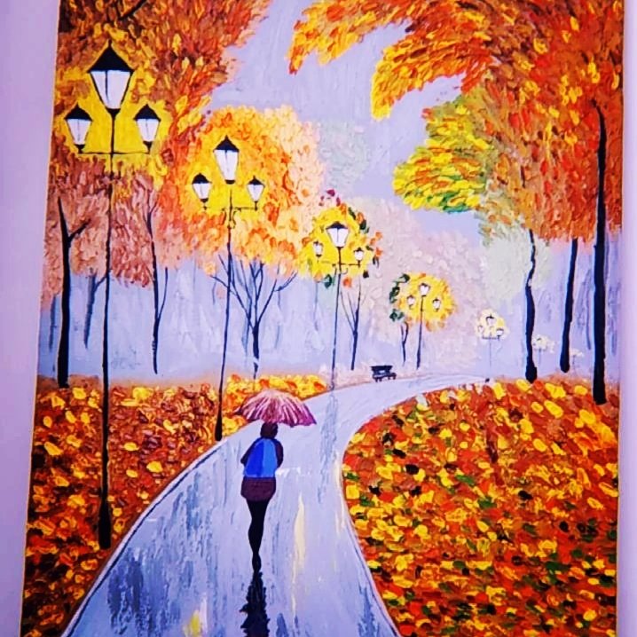 تابلو  رنگ روغن برجسته عصر پاییز  70 در 50 با ترکیب رنگ پاییزی و هوای مه الود