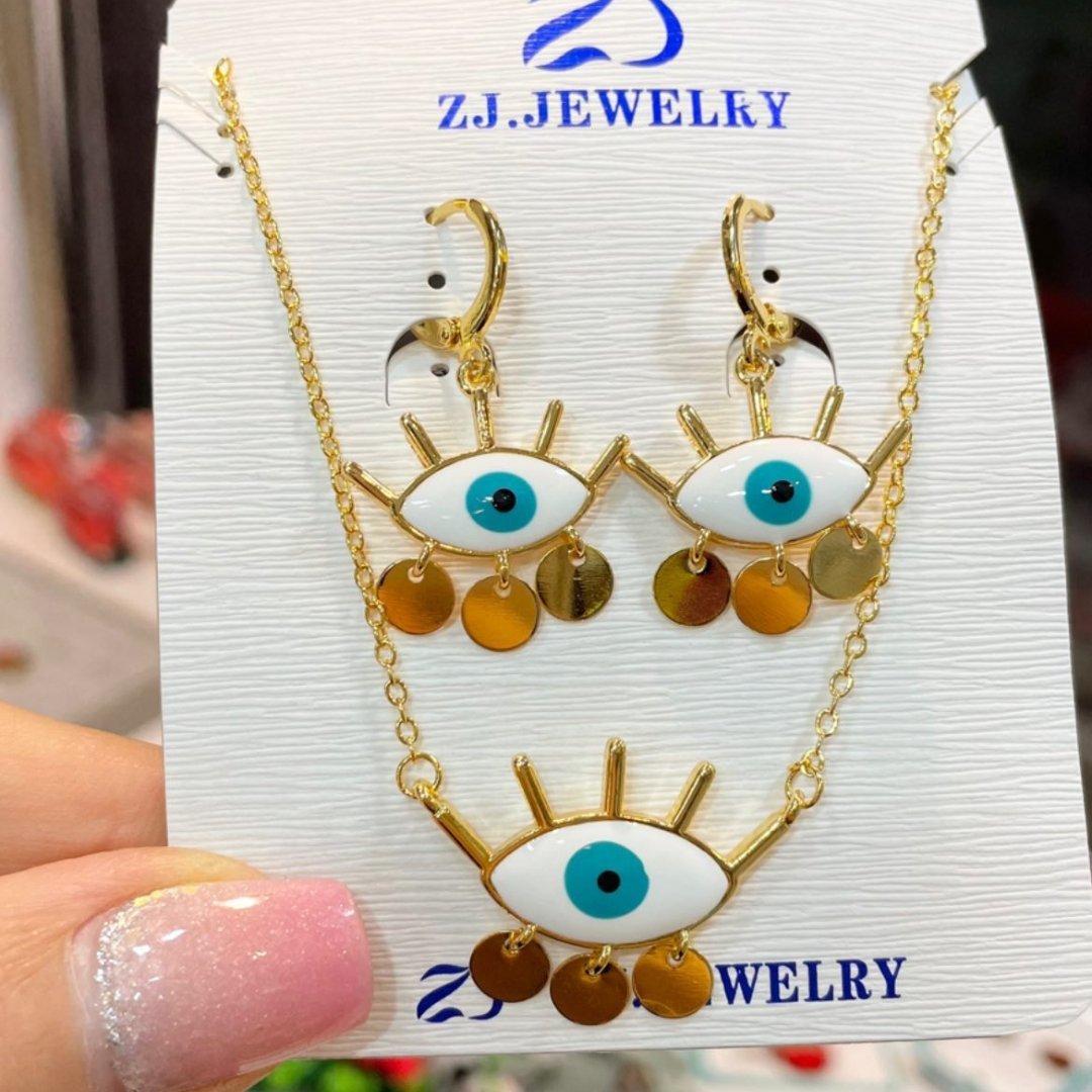 نیم ست چشم نظر پولکی مژه دار استیل زنانه دخترانه مارک zj