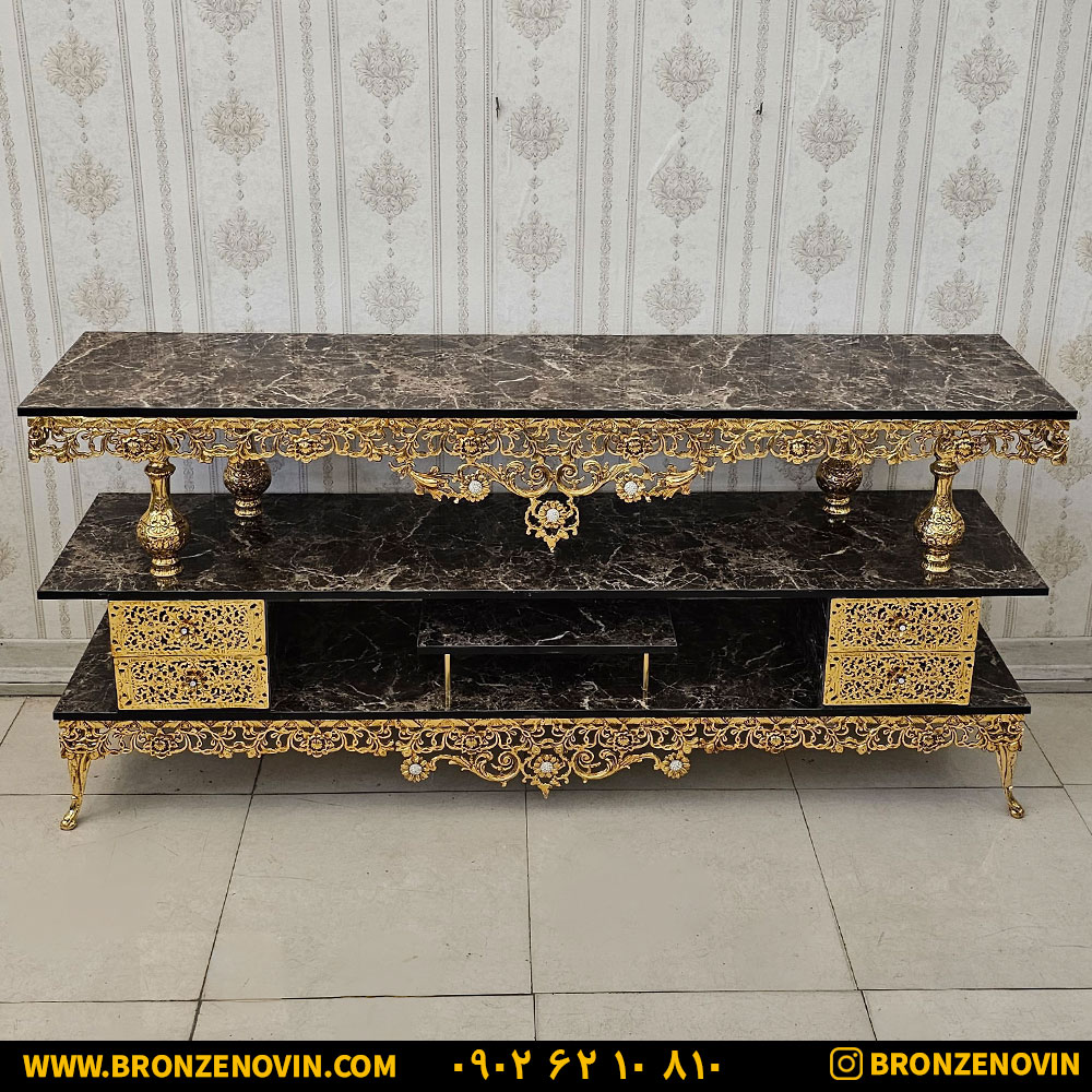 میز تلویزیون برنزی مدل گل سرخ چهارکشو طول 170 با آبکاری فورتیک کد 9271