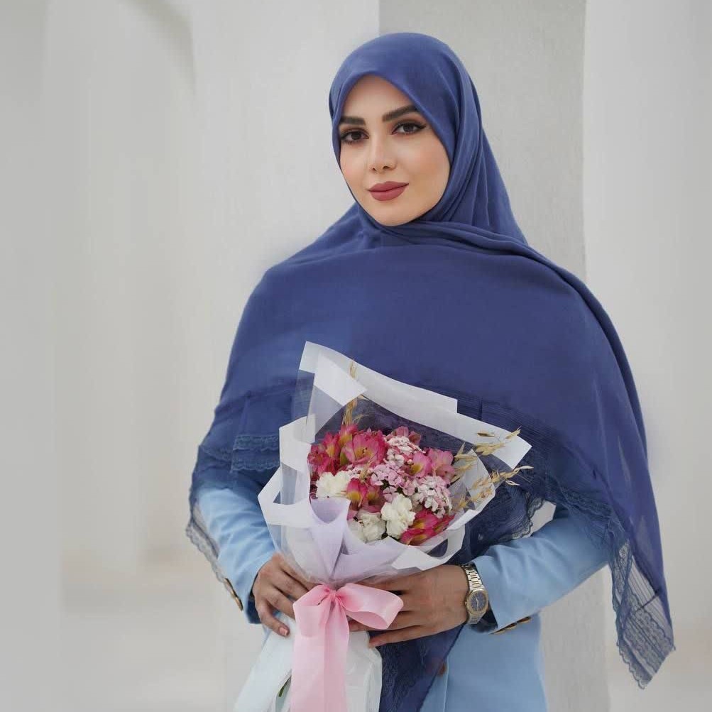 روسری نخ پنبه دور گیپوردار آبی پررنگ