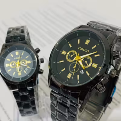 ست ساعت کاسیو طرح سه موتور بند مشکی صفحه مشکی