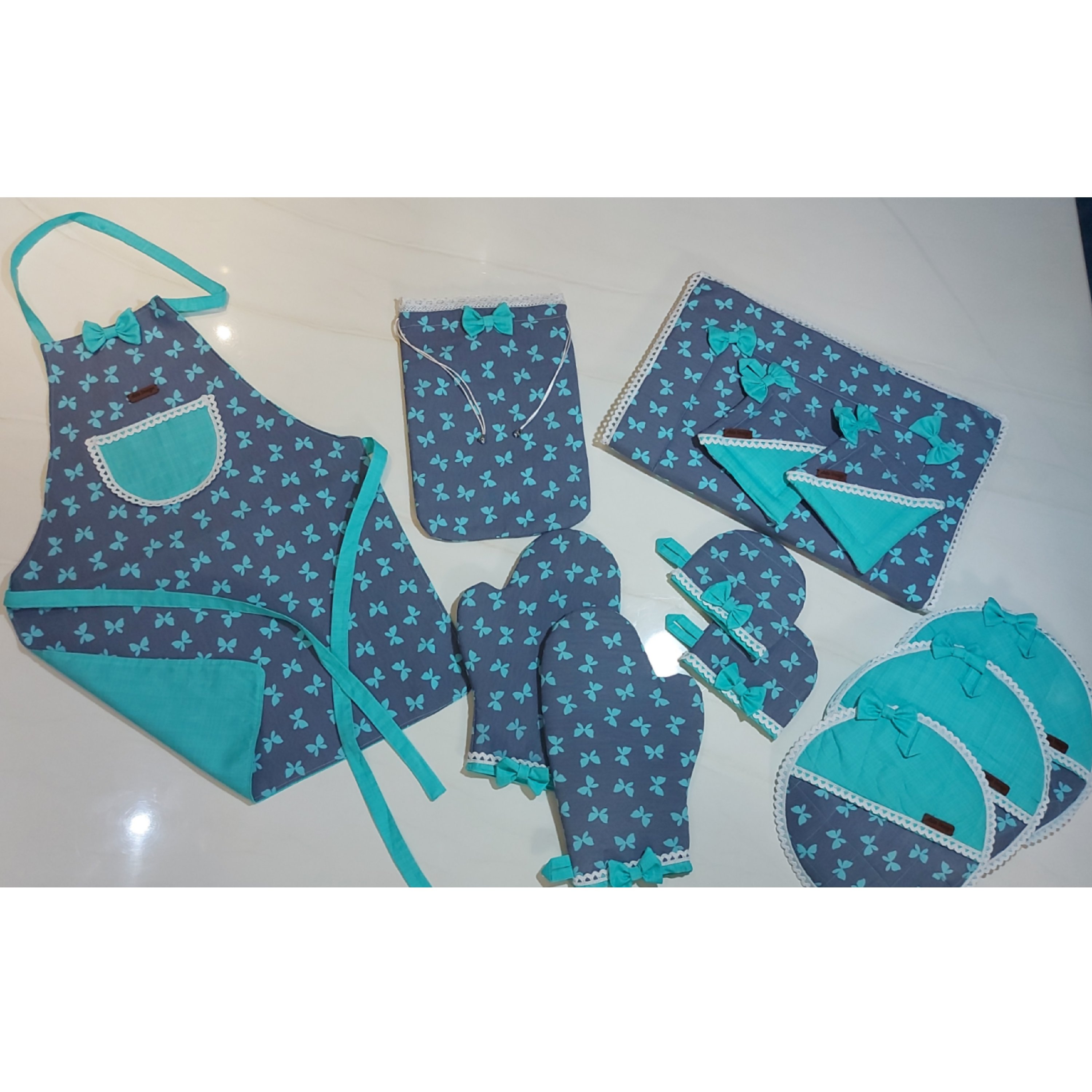 سرویس پارچه ای  آشپزخانه 12تکه رنگ سبز آبی