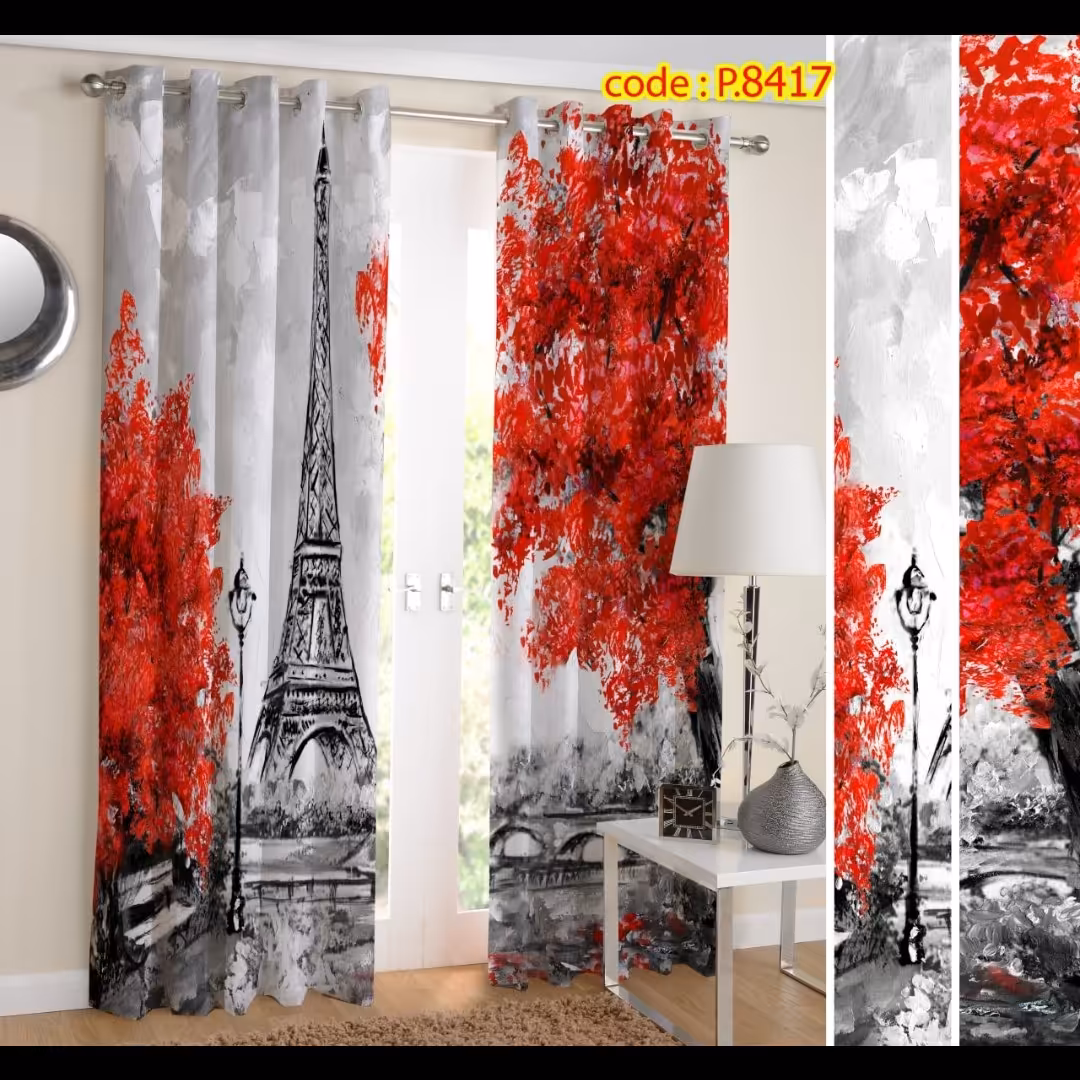پرده اتاق خواب دو قواره طرح برج ایفل و نقاشی کد P8417