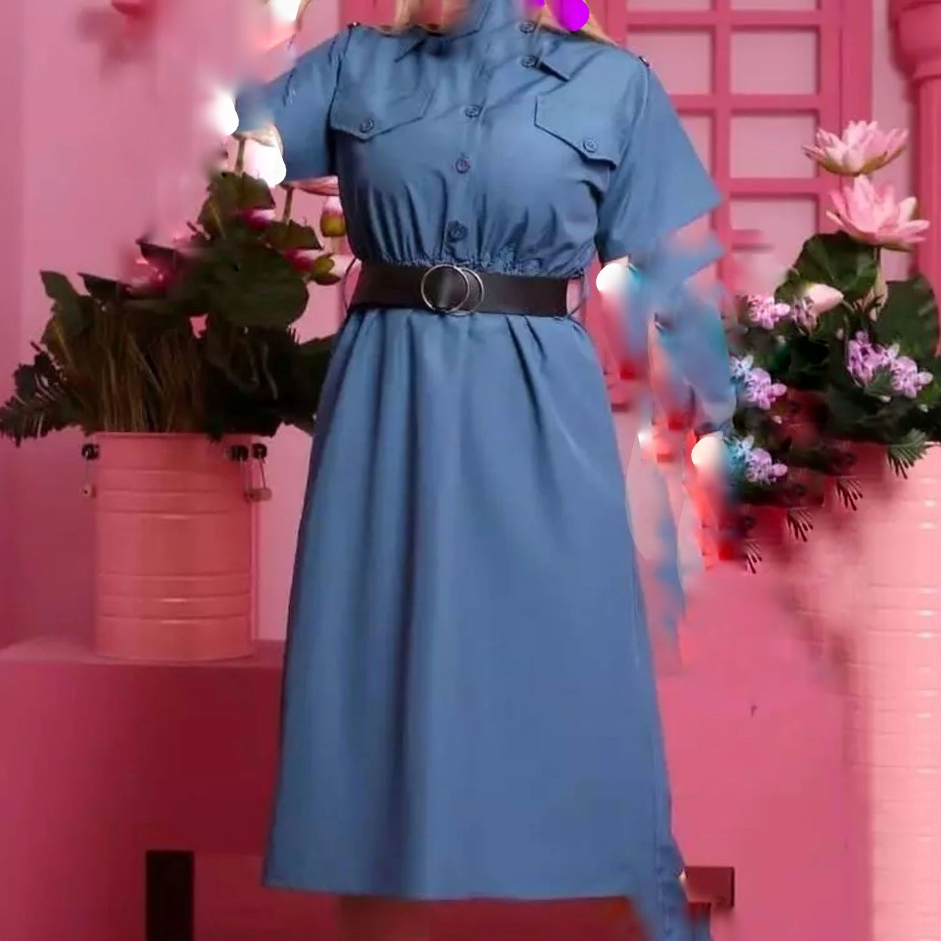 پیراهن زنانه دو جیب با کمربند غرفه گل نقش