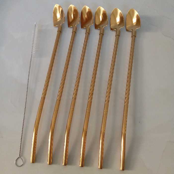 قاشق شربت خوری نی دار استیل نگیر طلایی مارک یونیک لایف طرح پیچ پیچی بسته شش عددی با فرچه (قاشق نی دار)(نی قاشق ) حراج شد