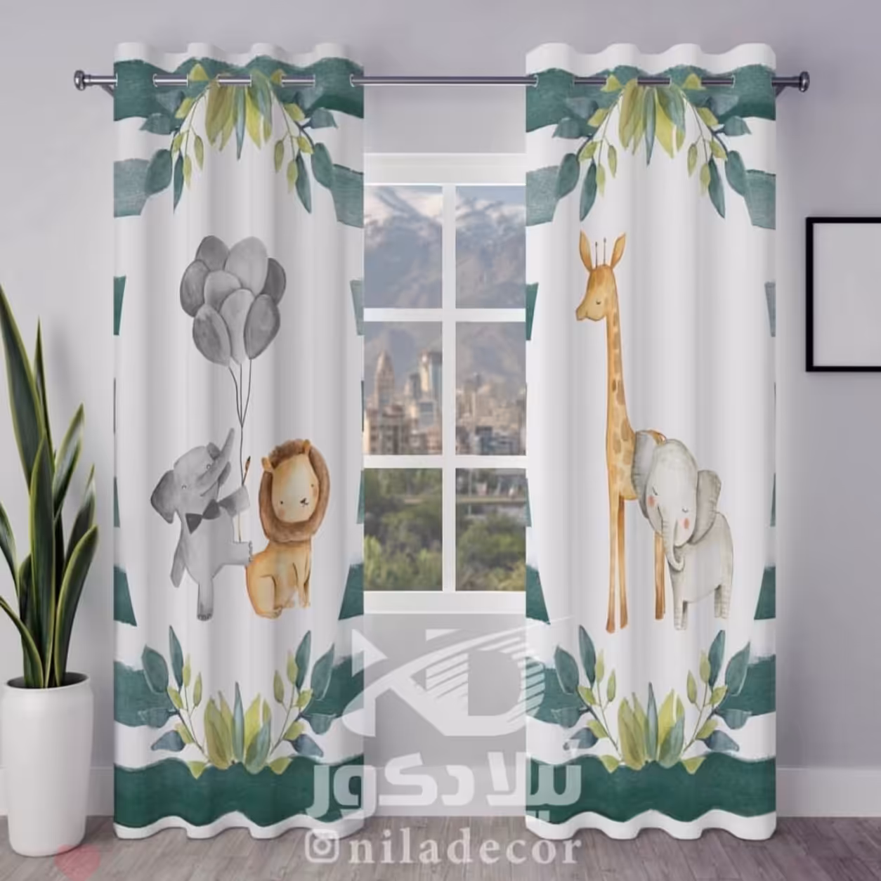 پرده اتاق خواب پسرانه طرح شیر و حیوانات جنگل