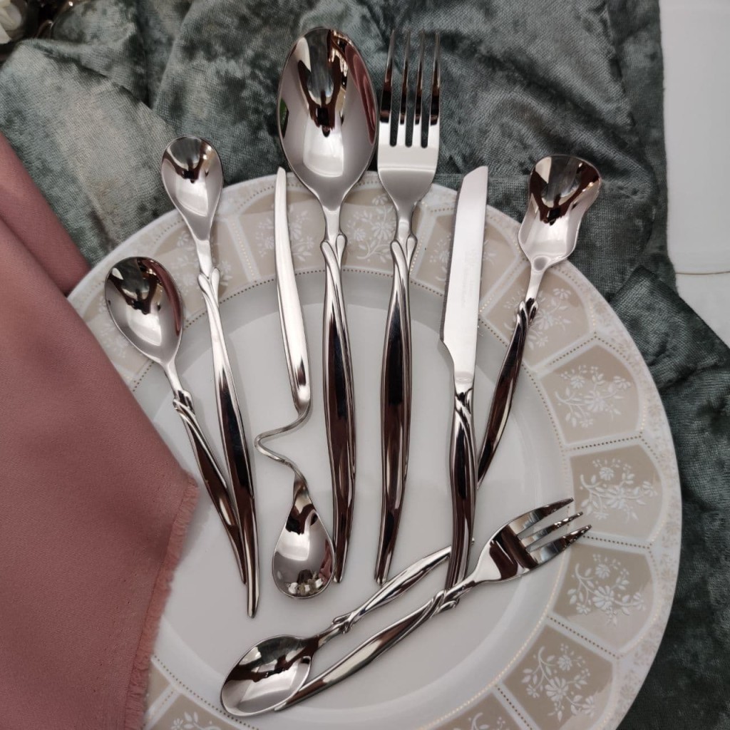 سرویس قاشق و چنگال 30 نفره اس جی S.Gطرح پاپیونی تمام براق 143 پارچه