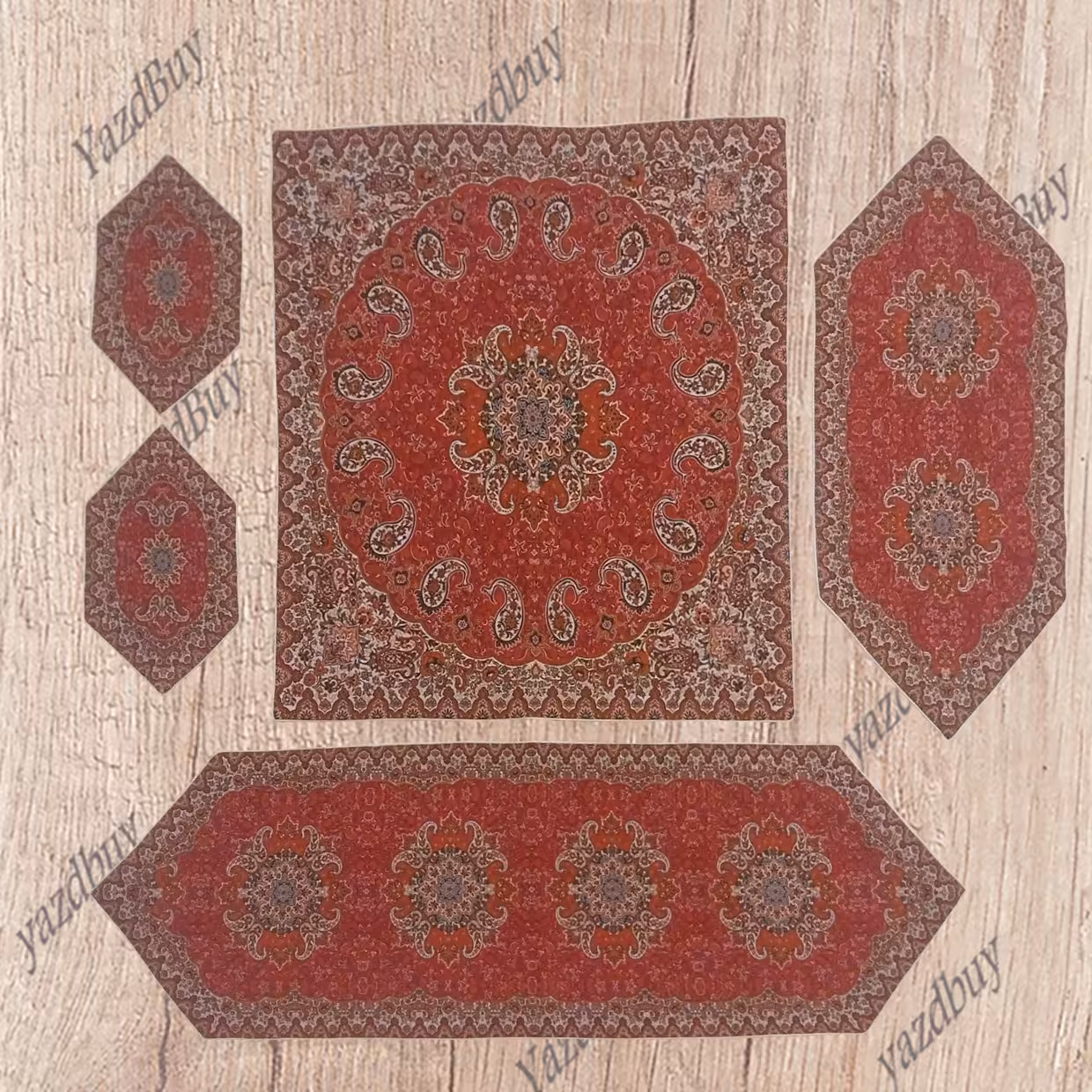 رومیزی ترمه ست 5 تکه طرح نسترن رنگ قرمز