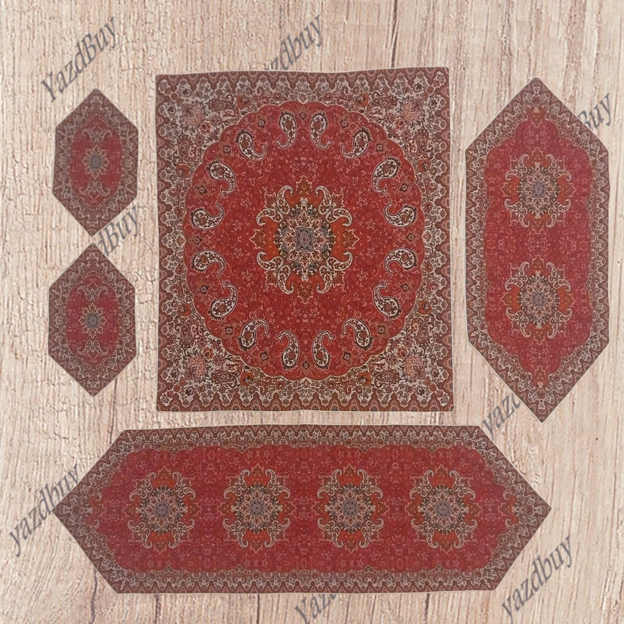 رومیزی ترمه ست 5 تکه طرح نسترن رنگ قرمز