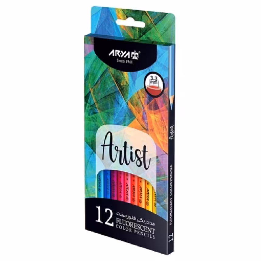 مداد رنگی 12 رنگ فلورسنت آریا ARYA - سری آرتیست - مغز فسفری کد 3611