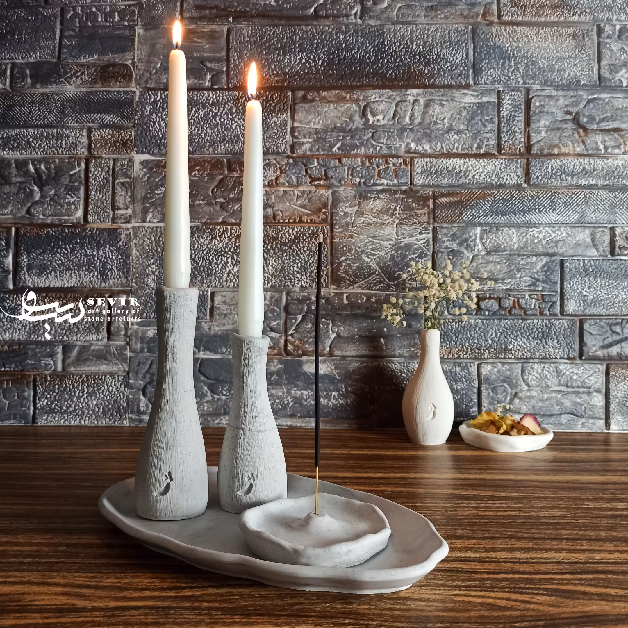 ست جا شمعی و عود سوز دفرمه بتنی به همراه سینی (4 تکه) طرح ژ
