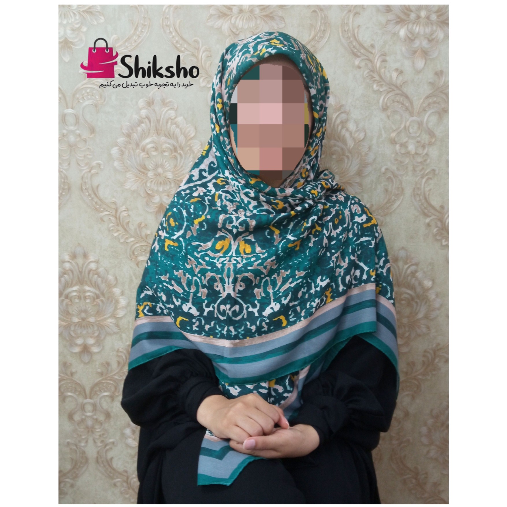 روسری نخی طرحدار،زمینه سبز،قواره 140