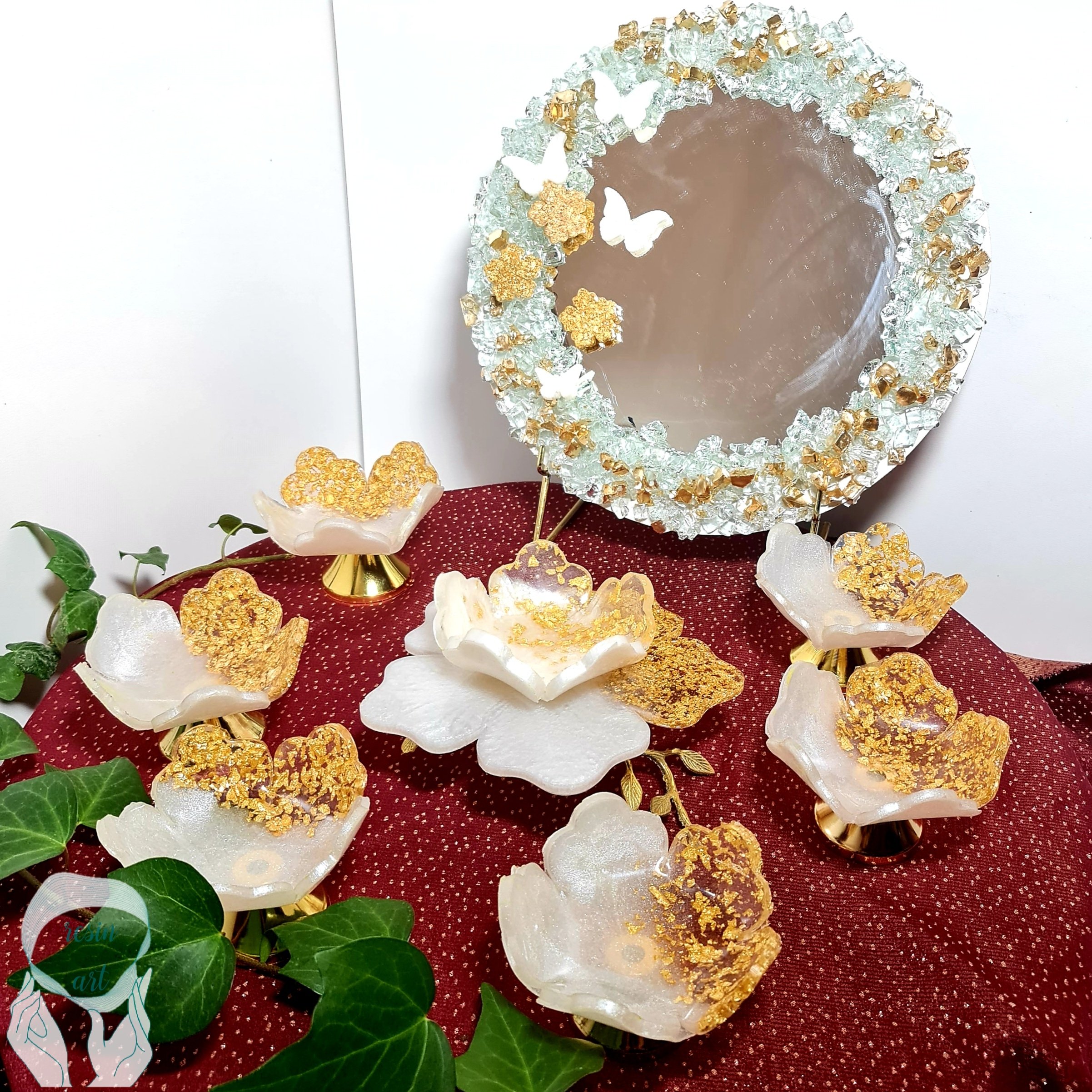 هفت سین رزینی طرح شکوفه بهاری با آینه کریستال