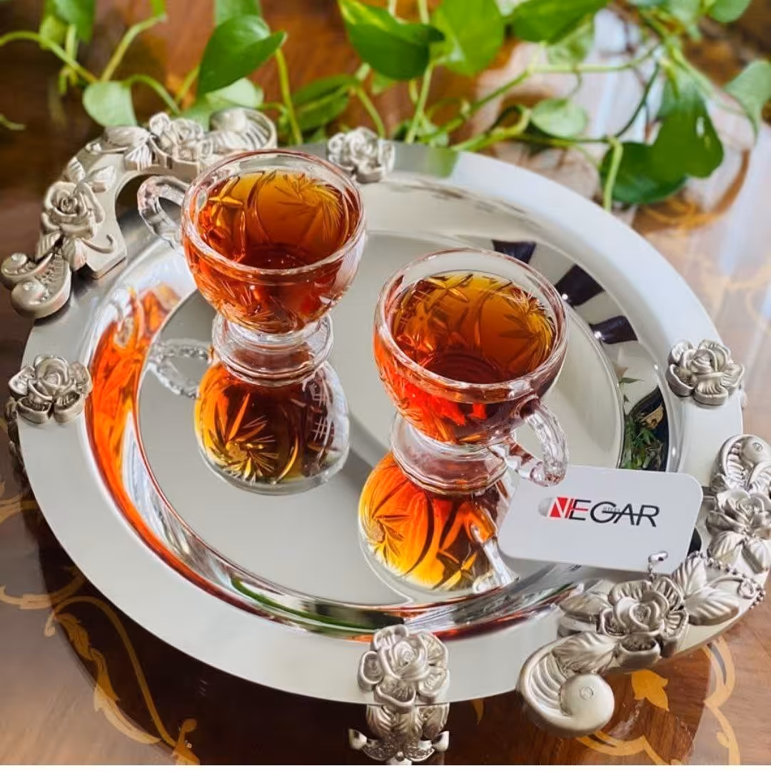 سینی استیل نگار گرد کوچک مدل گلستان نقره ای کد 317