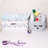 سبدهای  دو تیکه سیسمونی تریکو طوسی سفید - سبد زیکزاک و خرگوشی