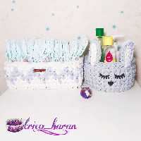 سبدهای  دو تیکه سیسمونی تریکو طوسی سفید - سبد زیکزاک و خرگوشی