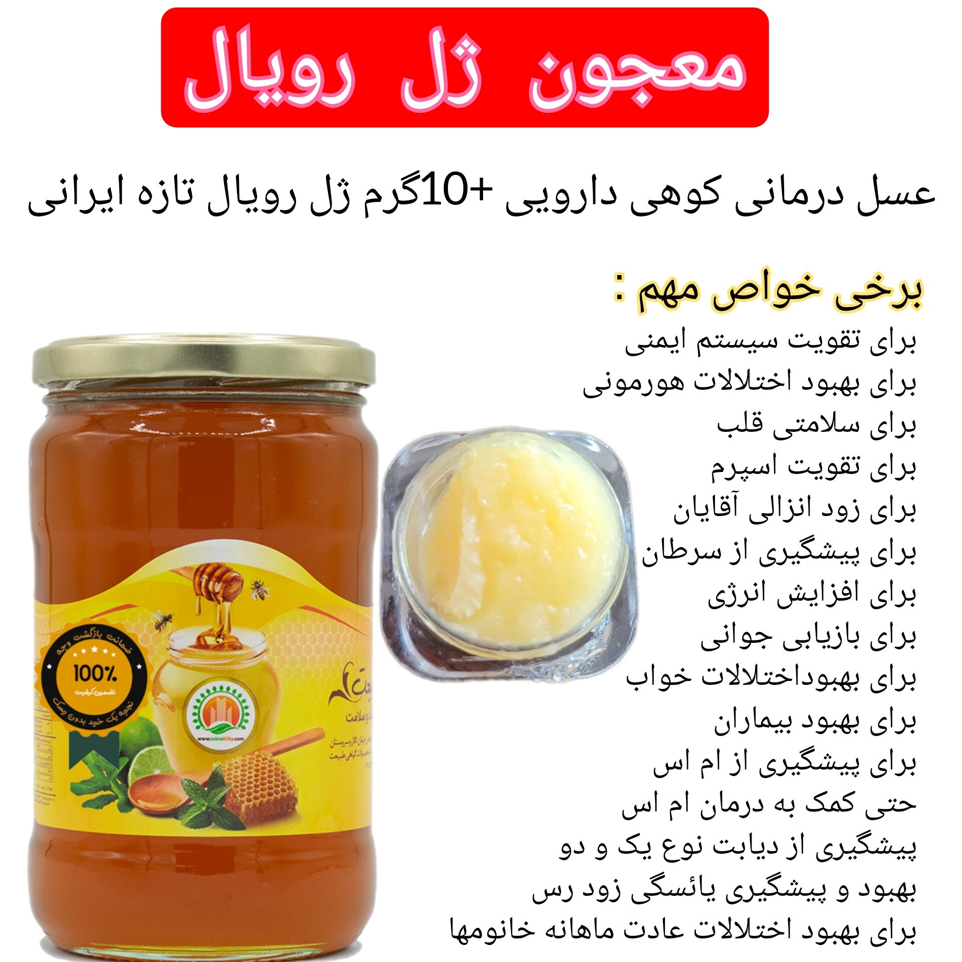 عسل کوهی دارویی و 10 گرم ژل رویال تازه ایرانی سبلان(خرید از زنبوردار)ارسال رایگان