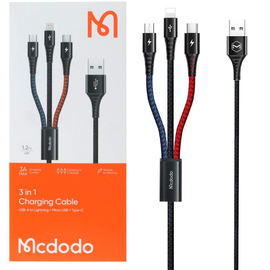 کابل شارژ 1.2 متری فست سه کاره Mcdodo مدل CA-6220 - مشکی-برند مکدودو 