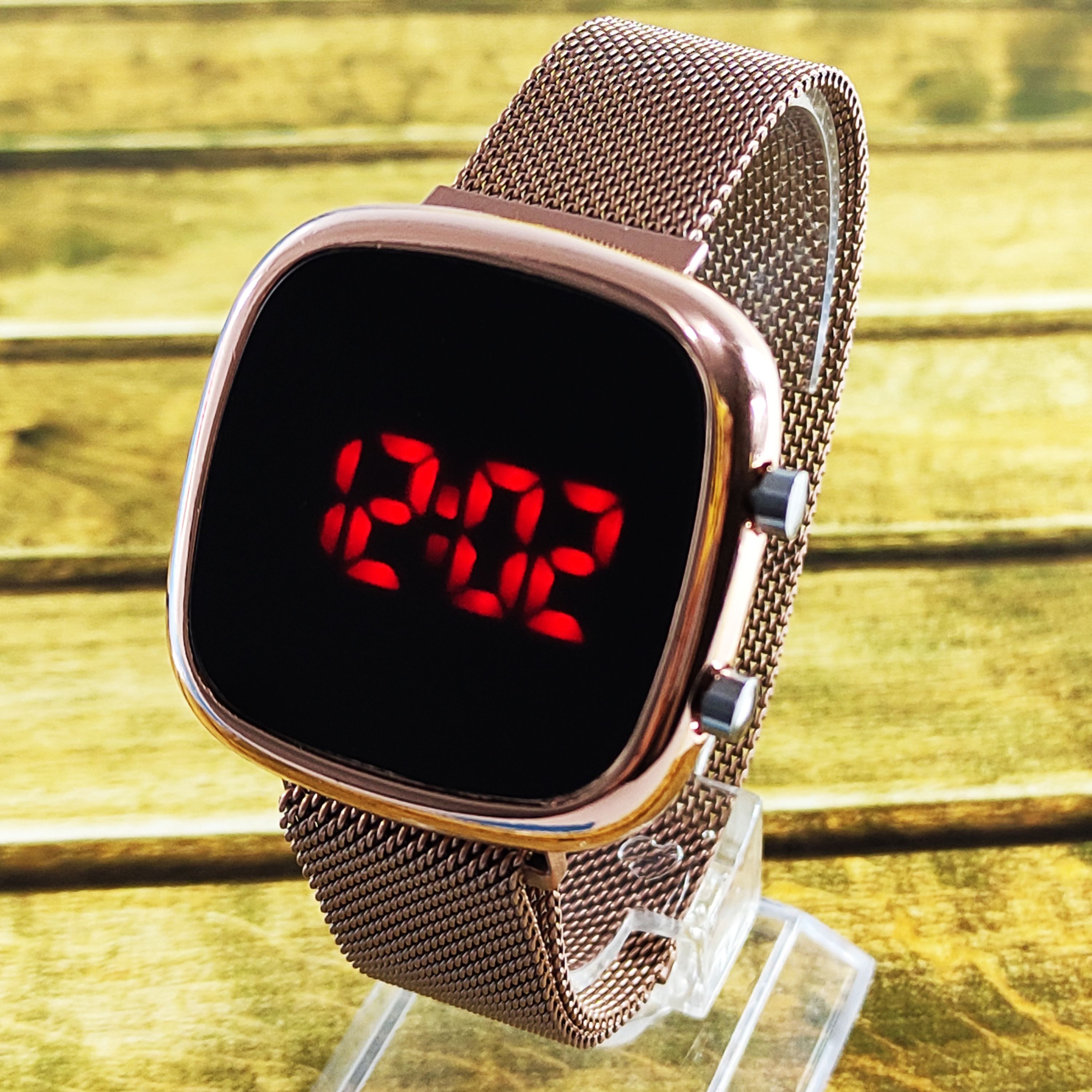 ساعت 2دکمه ای ال ای دی مربع بند حصیری مگنتی رزگلد