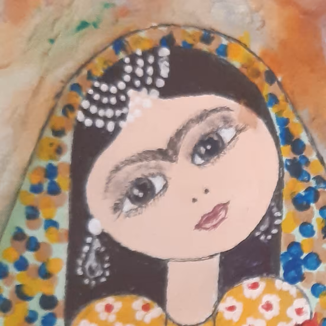 نقاشی سنتی از چهره جذاب وزیبای یک دختر ایرانی روی مقواوبااستفاده از گواش