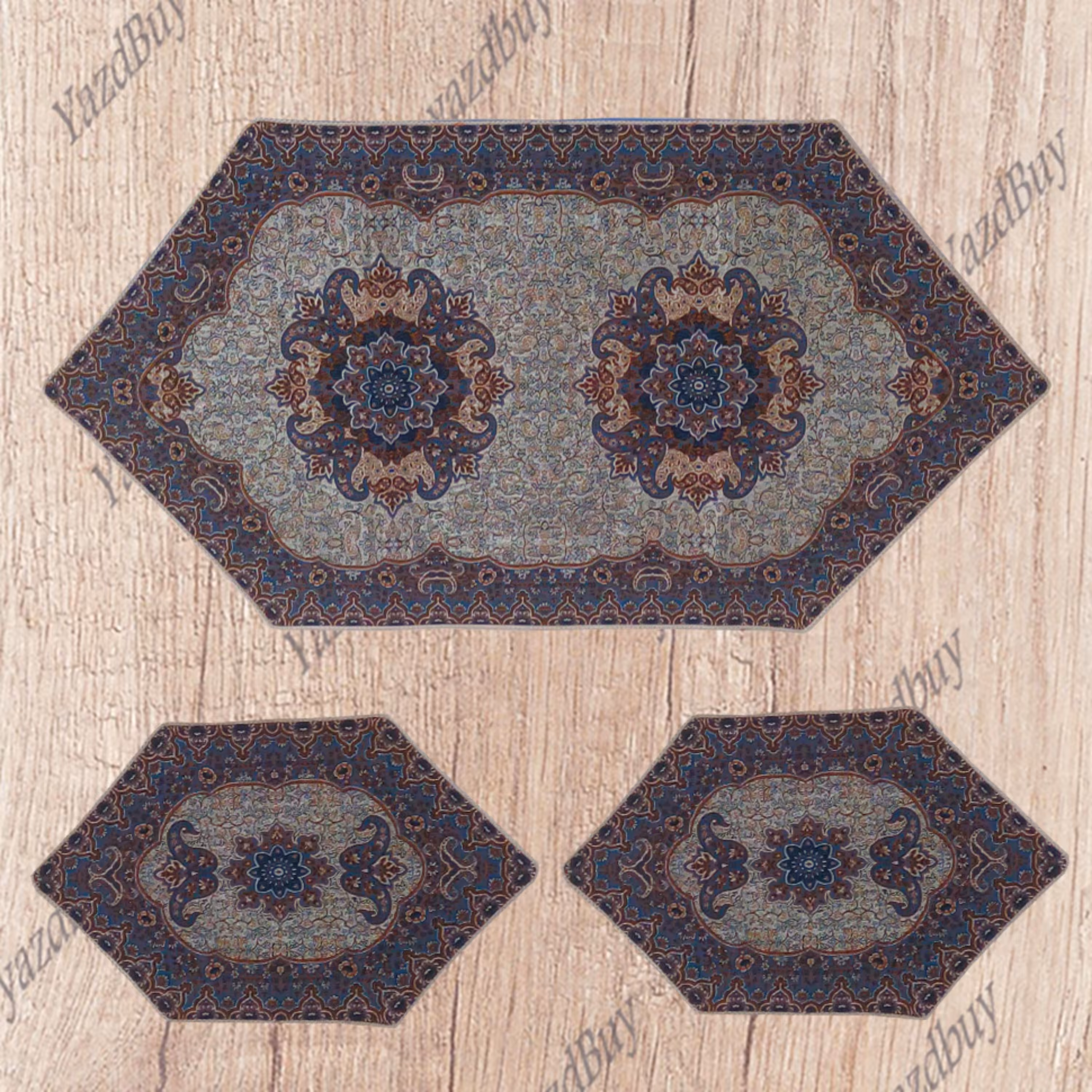 رومیزی ترمه ست 3 تکه طرح نسترن رنگ کرم آبی 