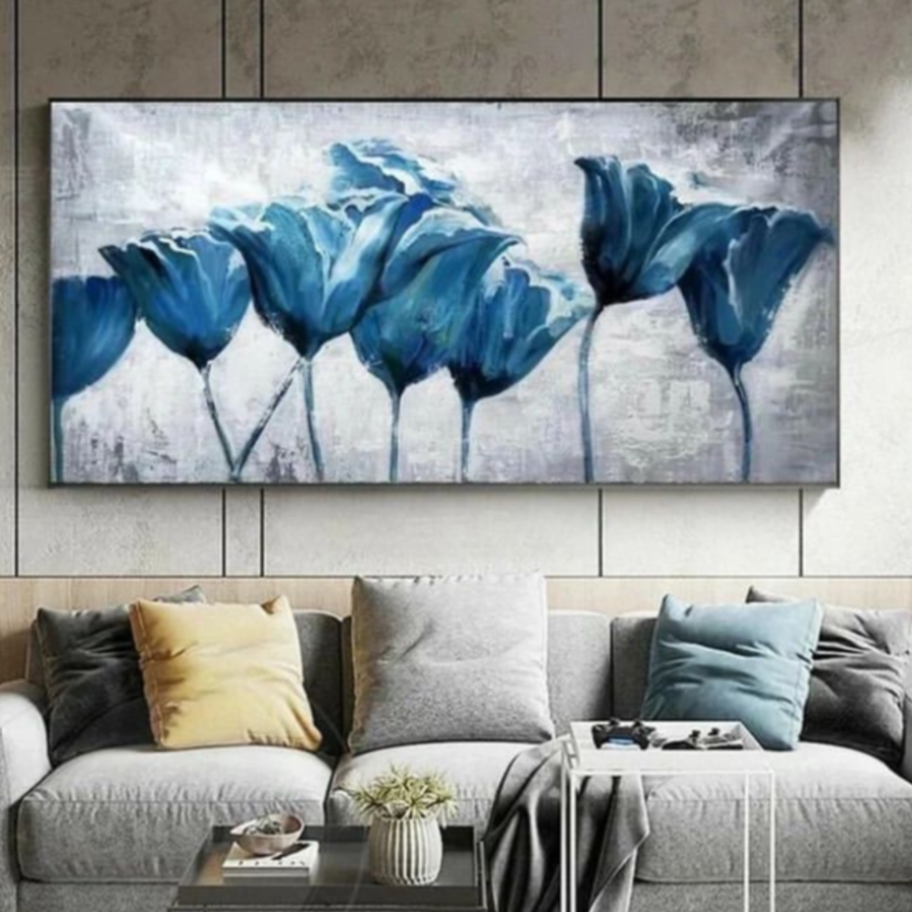 تابلو گل  لاله  آبی  تکنیک رنگ روغن ابعاد 120در 60 