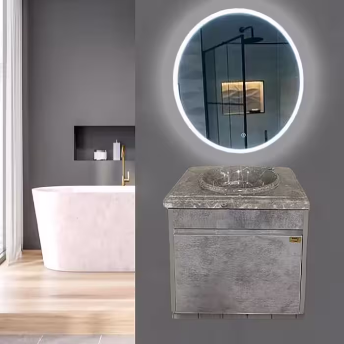 روشویی کابینتی طوسی سایز 60 با سنگ طبیعی توکار همراه آینه بک لایت گرد(پس کرایه)