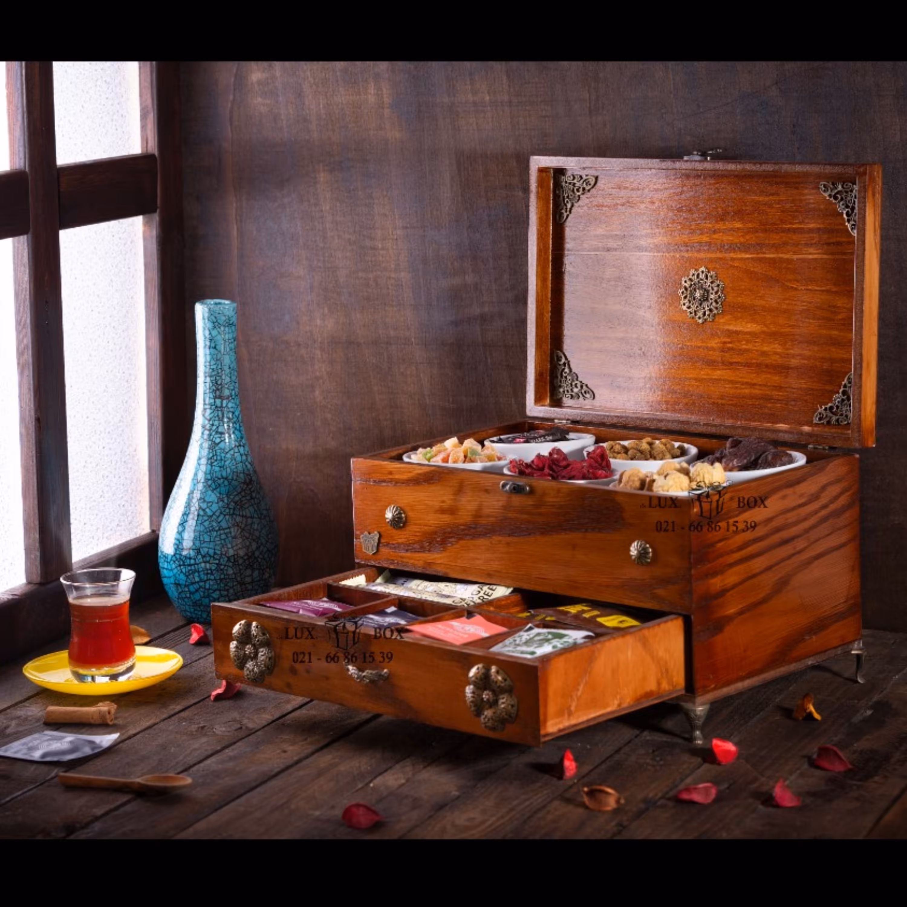 جعبه پذیرایی جعبه دمنوش جعبه چوبی لوکس باکس مدل کشودار کد LB106-N