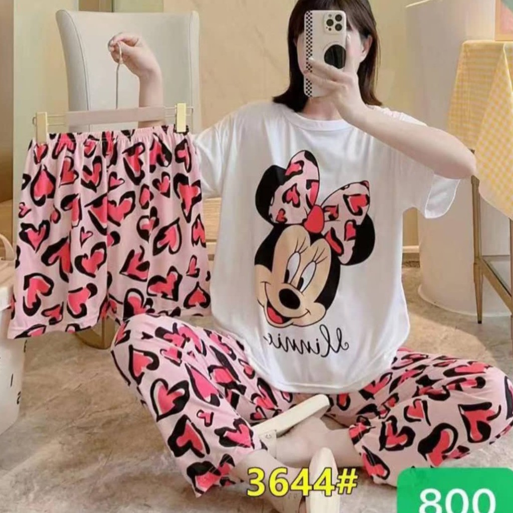 ست سه تیکه لباس راحتی زنانه و دخترانه جنس نخ پنبه شامل تیشرت شلوار شلوارک