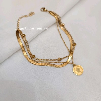 دستبند سه ردیفه استیل زنجیر ماری و خلخال با آویز سکه الیزابت