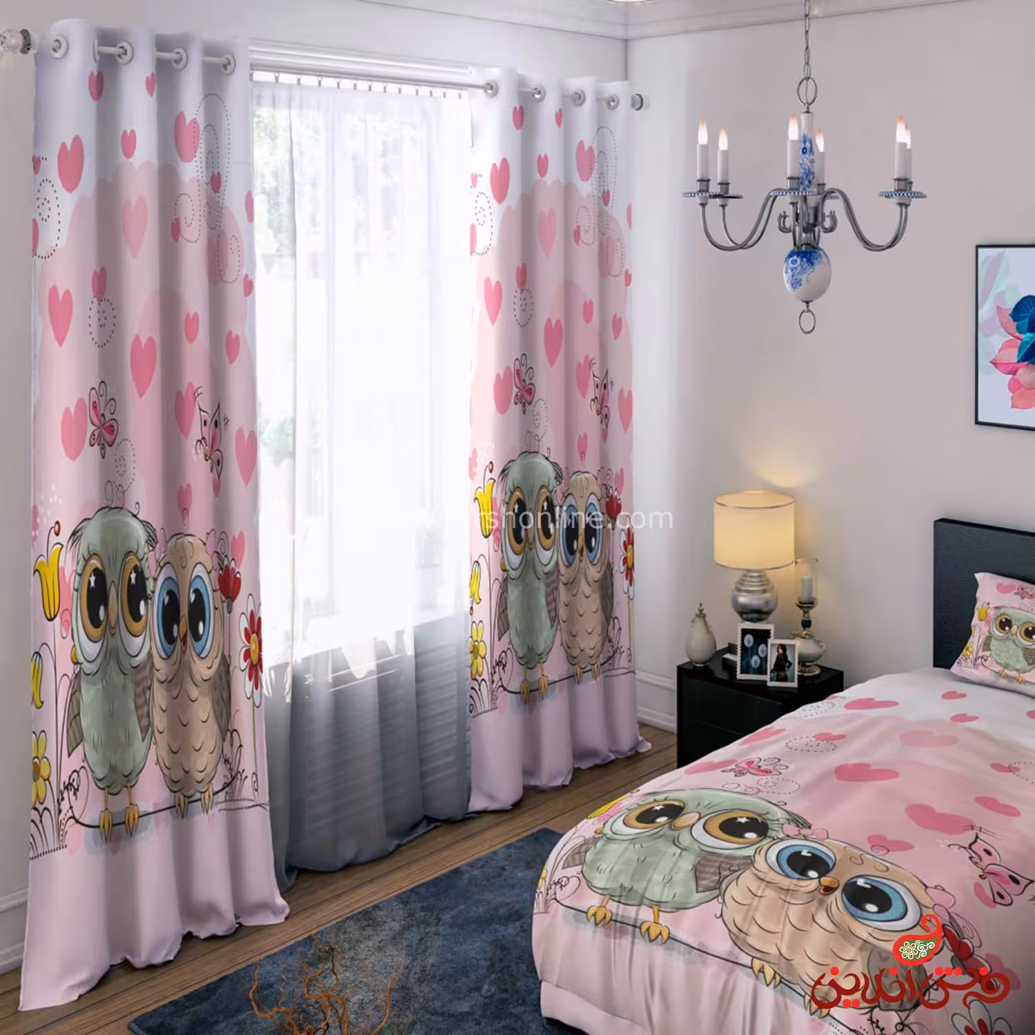 پرده 2 عددی طرح جغد های صورتی  کد 15183/1