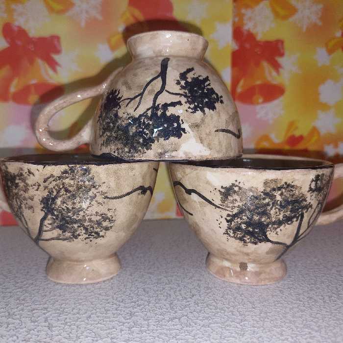 فنجان سفالی  طرح درختی دستساز و قابل استفاده