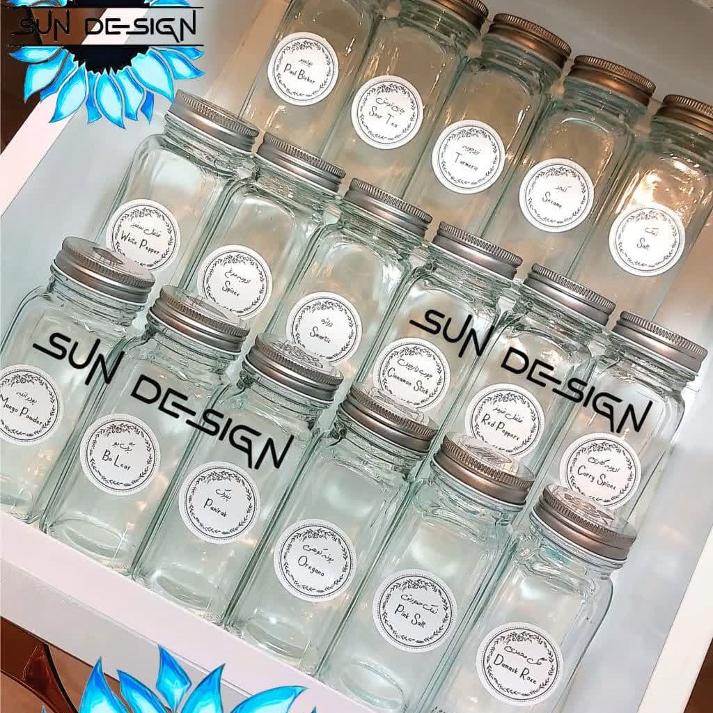 پک 18 عددی شیشه مک کارتی ادویه 12 سانتی و  سه عدد استند کشویی وبرچسب انتخابی ضدآب هدیه