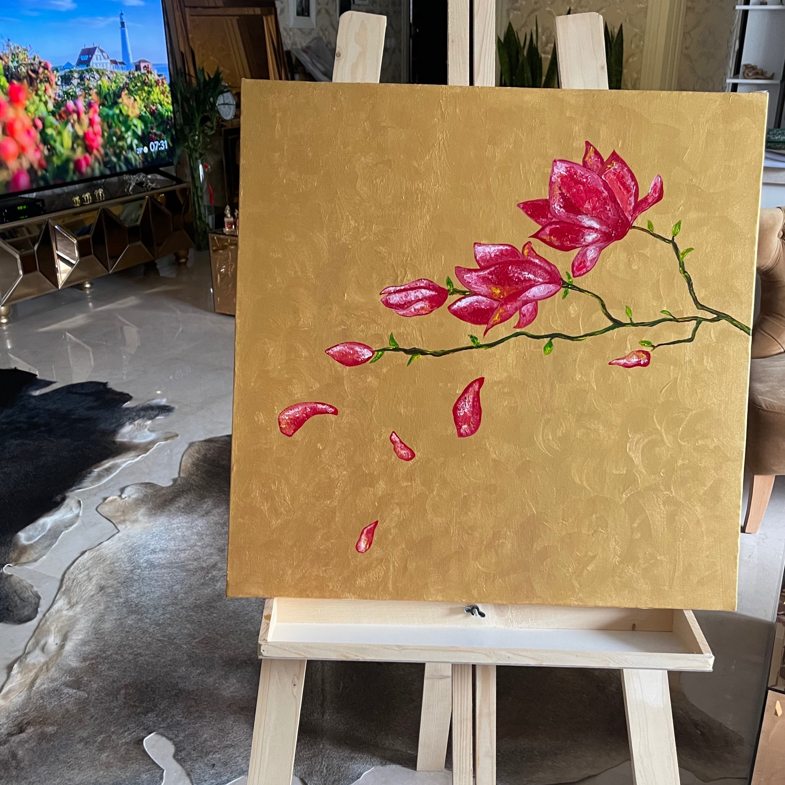 تابلو نقاشی گل قرمز زمینه طلایی