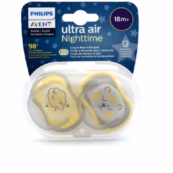پستانک ارتودنسی مدل الترا ایر 18  ماه طرح دار شب تاب philips avent scf376/01