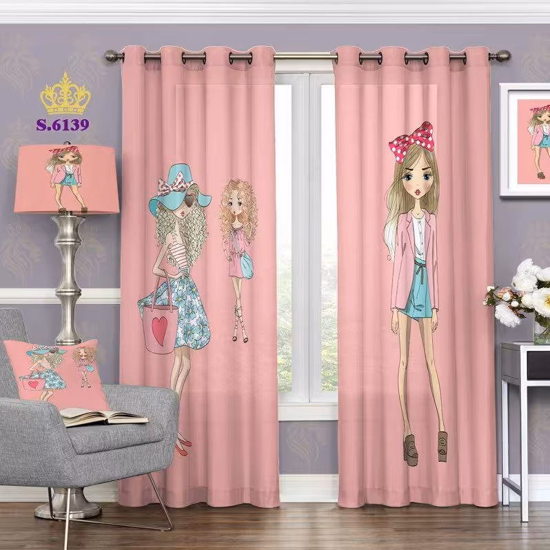 پرده اتاق کودک جدید دو قواره پانچ آماده طرح دخترانه کد 6139