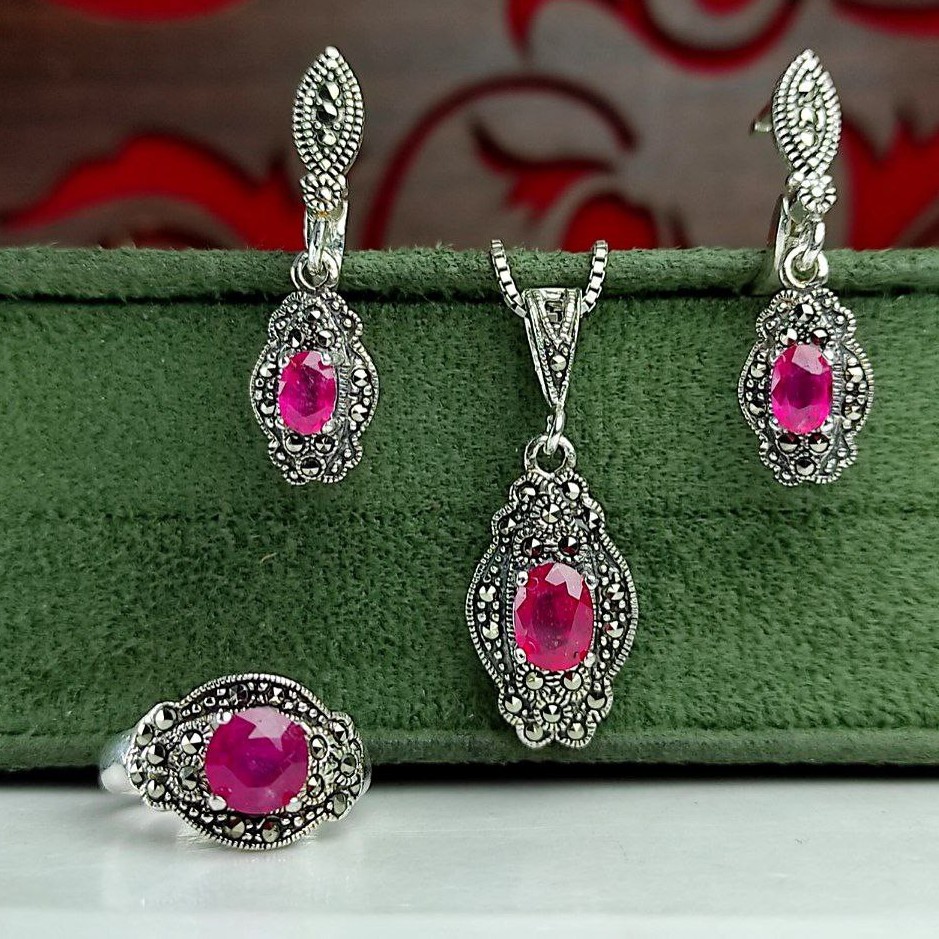 نیم ست زیبا جواهری یاقوت قرمز عیار نقره925