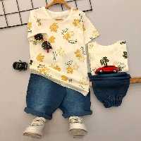 ست تیشرت و شلوارک لی بیرونی دخترانه و پسرانه طرح برگ 50و55  کد 8084z