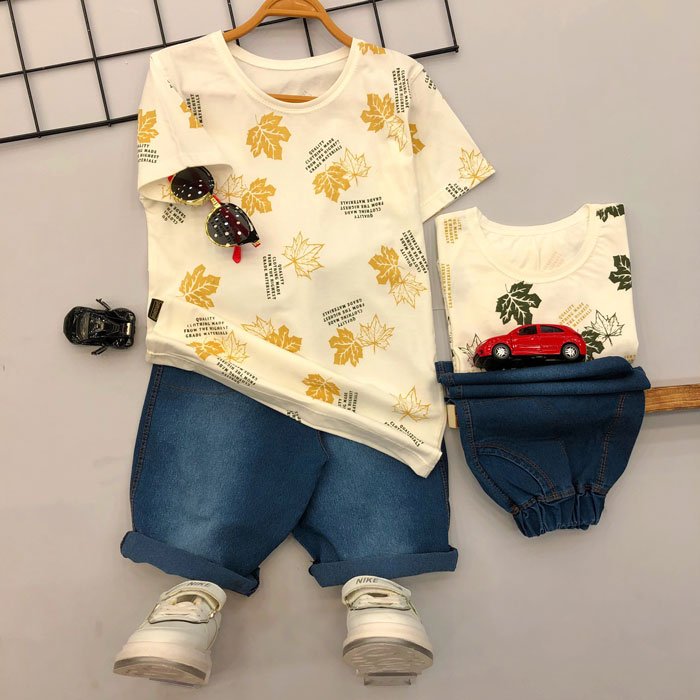 ست تیشرت و شلوارک لی بیرونی دخترانه و پسرانه طرح برگ 50و55  کد 8084z