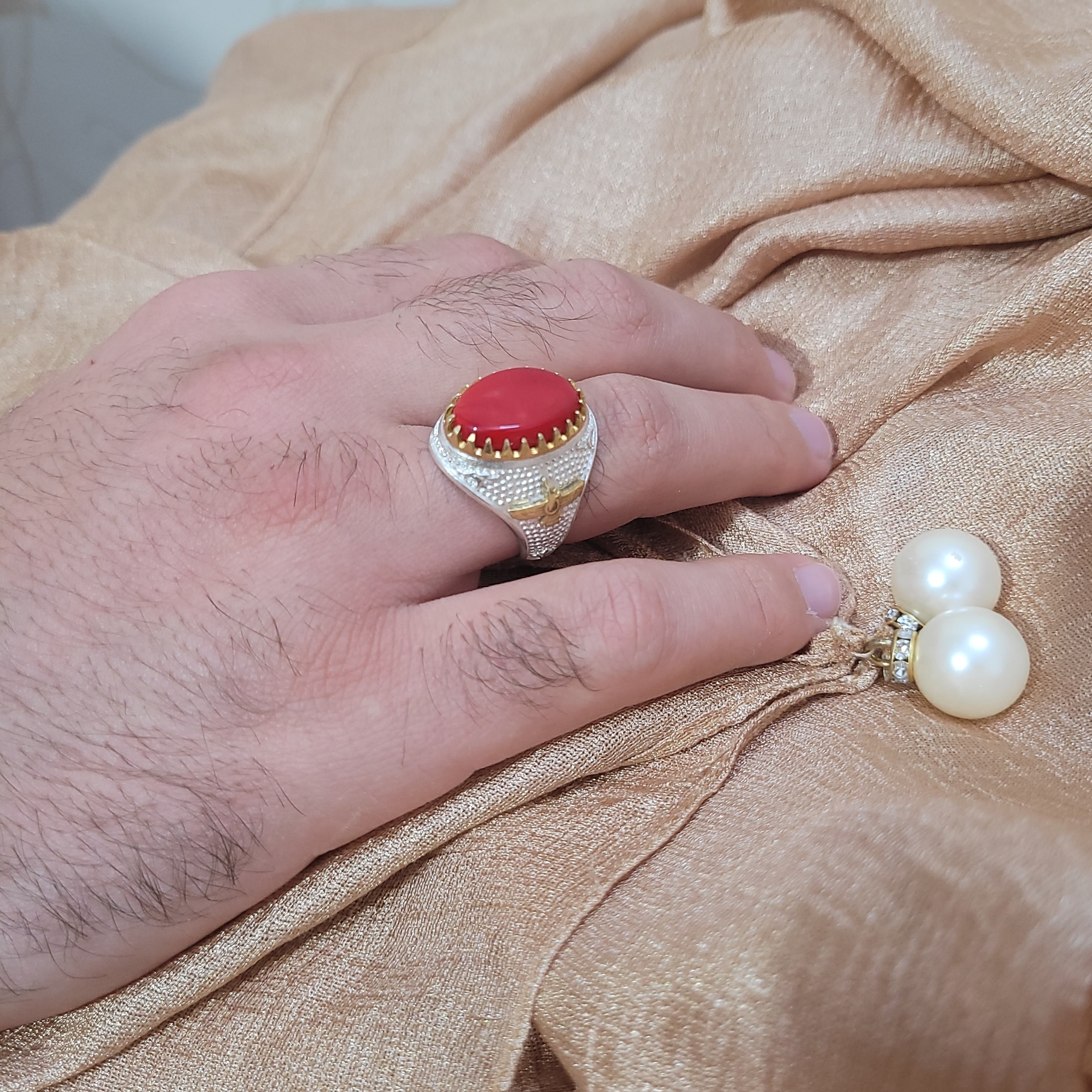 انگشتر نقره مردانه با سنگ مرجان 