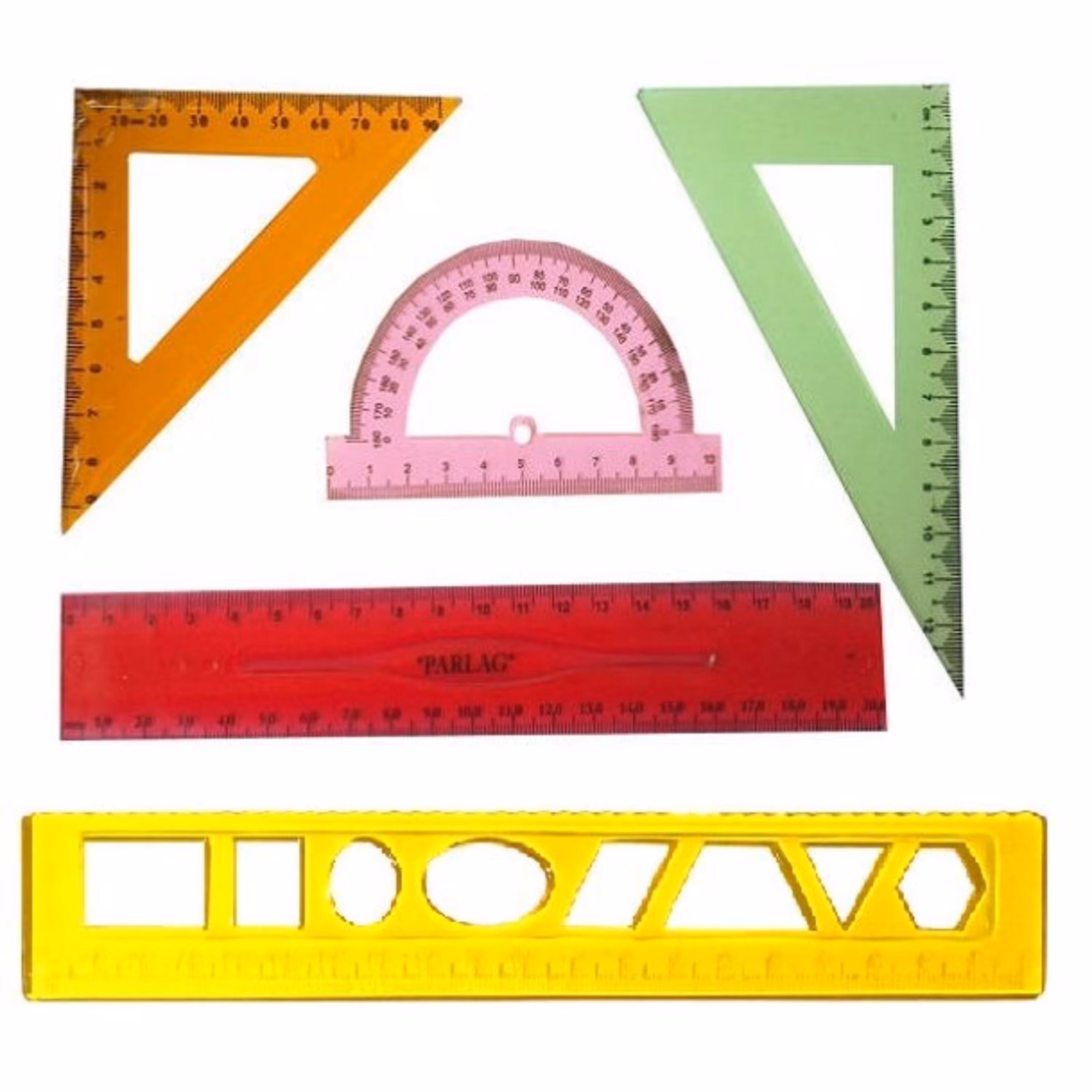 ست خطکش و گونیا مدل شقایق به همراه شابلون اشکال مجموعه 4 عددی