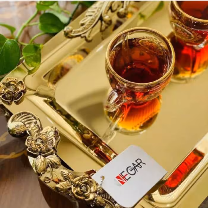 سینی استیل  تمام طلایی نگار  مدل گلستان سایز بزرگ 