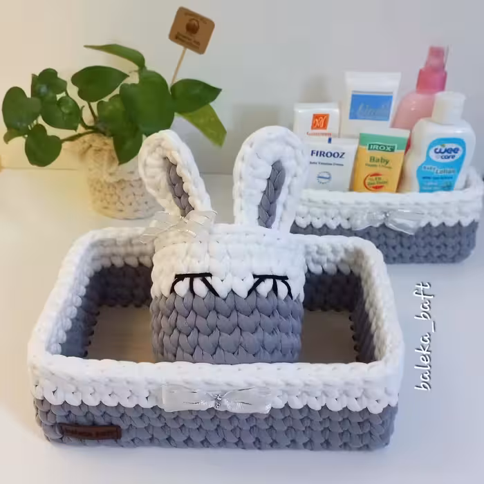 ست 3عددی سبد تریکو مستطیل و  باکس عروسکی خرگوش 