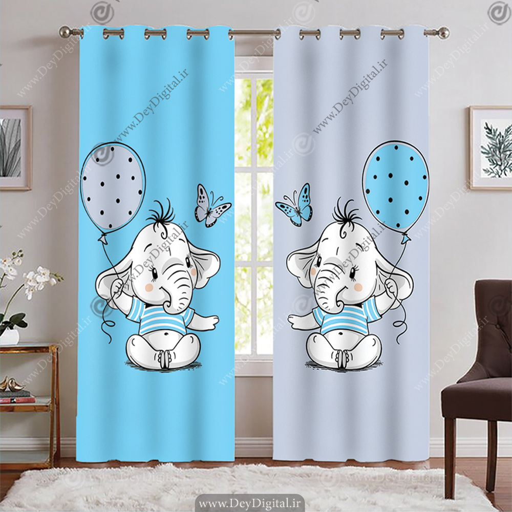 پرده پسرانه طرح فیلی آبی طوسی PK-7689