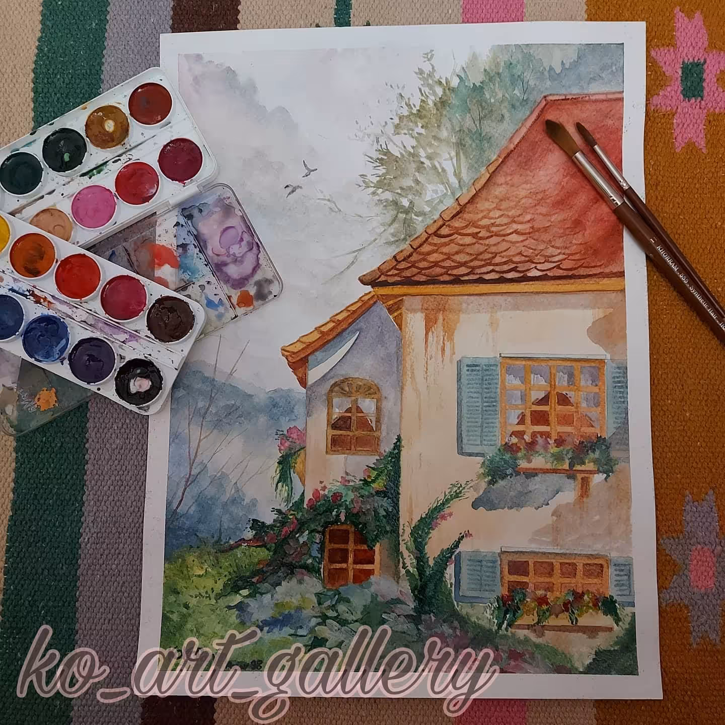 نقاشی آبرنگ طرح کلبه